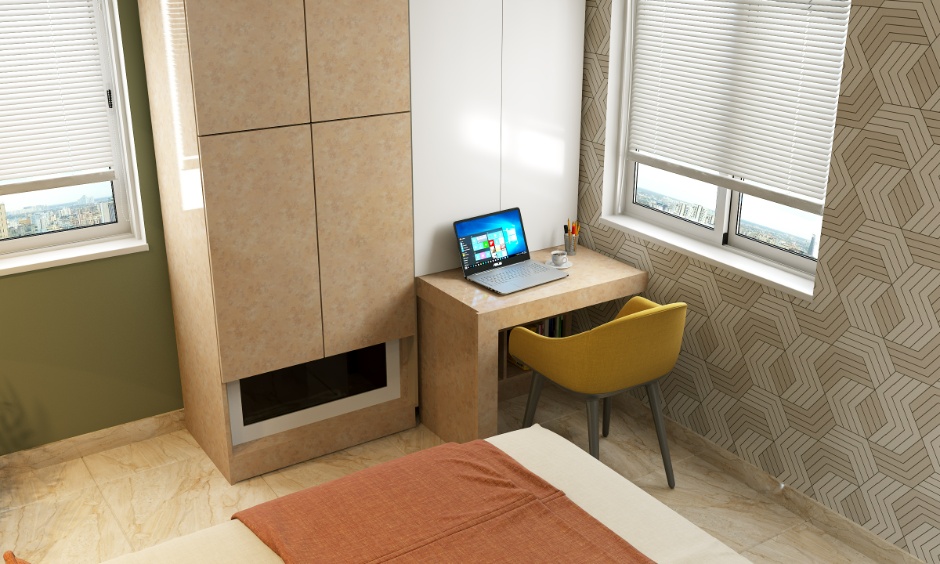 Modern home office design with slim built-in desk, ergonomic chair and space-saving storage