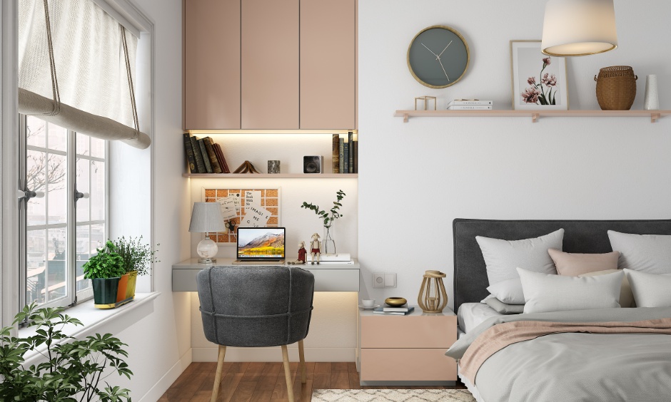 Home office interior design in soft neutrals and muted tones for a calm 2026 workspace