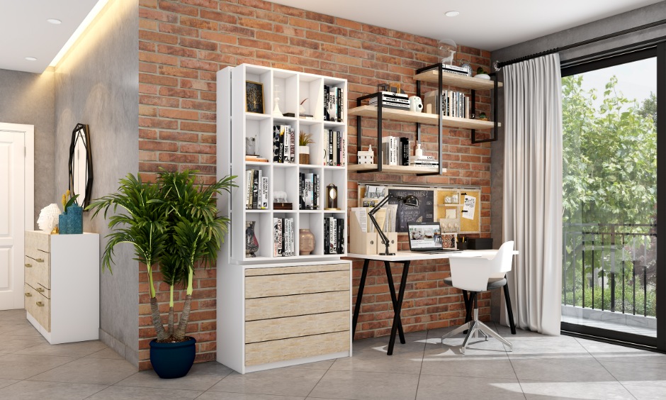Modern home office design with wood finishes, matte surfaces and metal accents