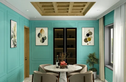 A wooden false ceiling creates a warm focal point above a contemporary dining area.