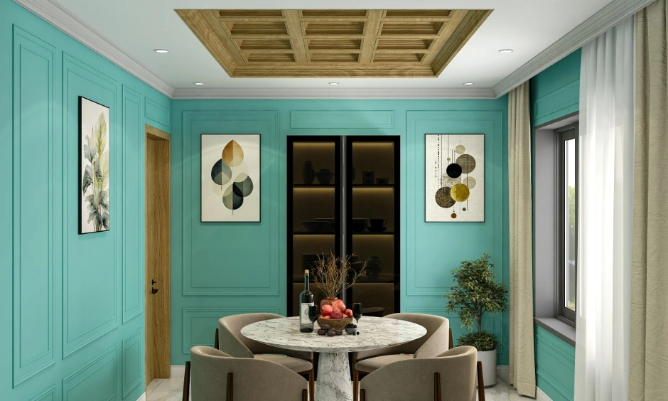 A wooden false ceiling creates a warm focal point above a contemporary dining area.