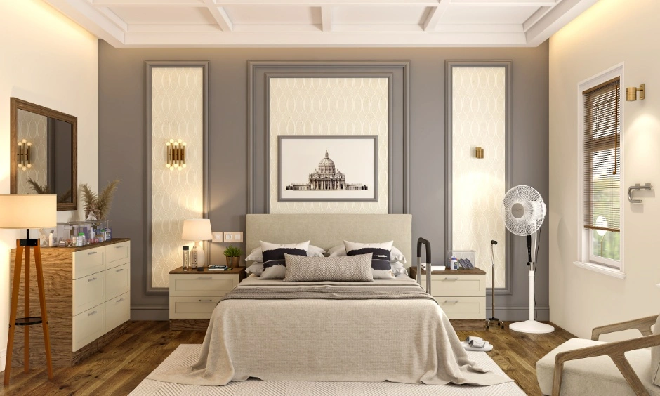 A coffered ceiling design uses recessed sections and soft lighting in a modern bedroom.