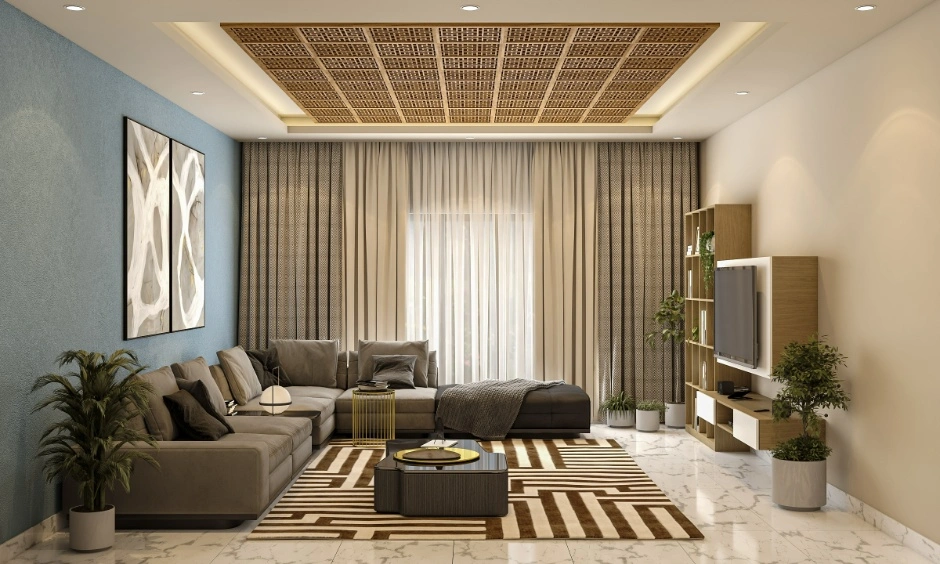 A layered gypsum ceiling features wooden lattice panels and integrated lighting.