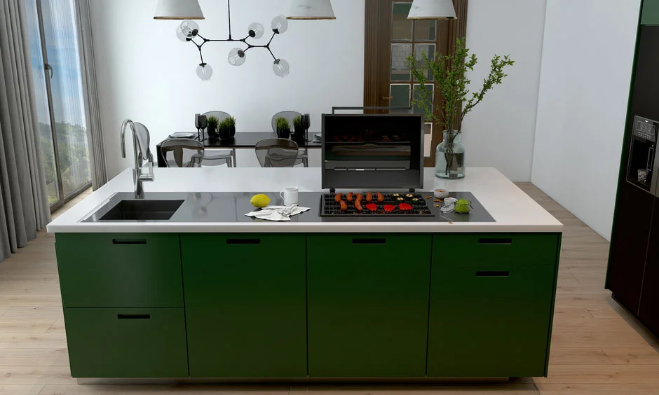 Designers tape the island footprint on the floor to test its size and surrounding clearances.