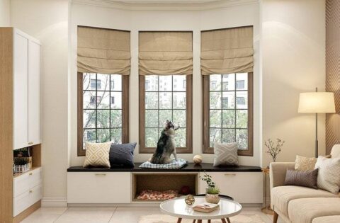 Modern bay window design with built-in seating, turning an unused corner into a cosy functional space