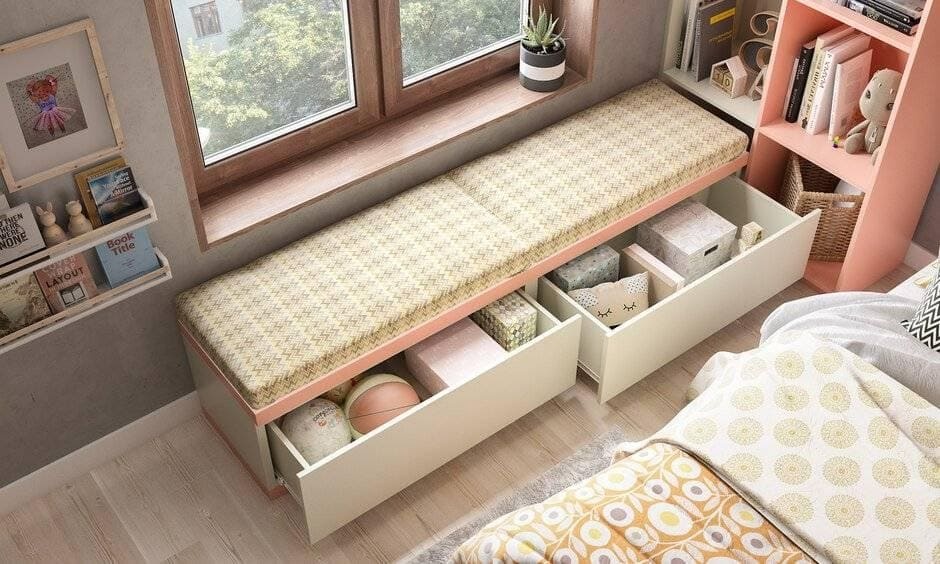 Modern bay window design with built-in bench and under seat storage for bedrooms