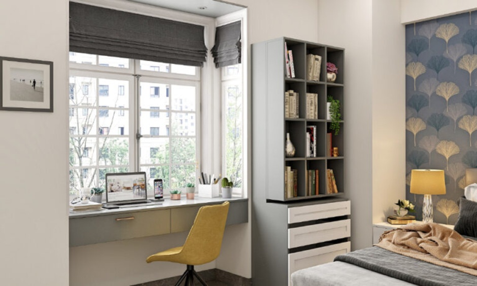 Modern bay window design with slim desk workspace using natural daylight for productivity