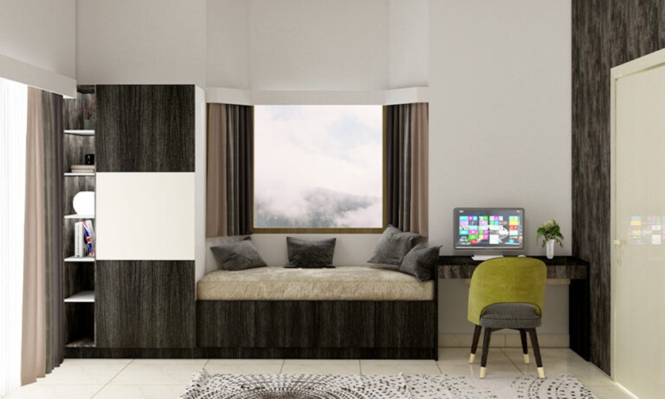 Contemporary bay window design with cabinets and shelves maximising hidden storage