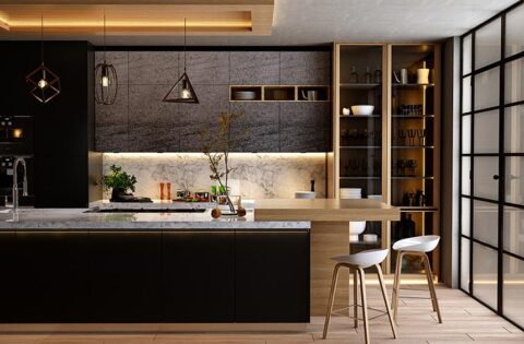 Dining room false ceiling designs with a warm wooden ceiling inset above dark cabinets, pendant lights and a marble island