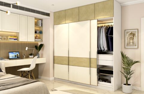 Modern sliding loft wardrobe design with built-in study unit and ceiling-height storage