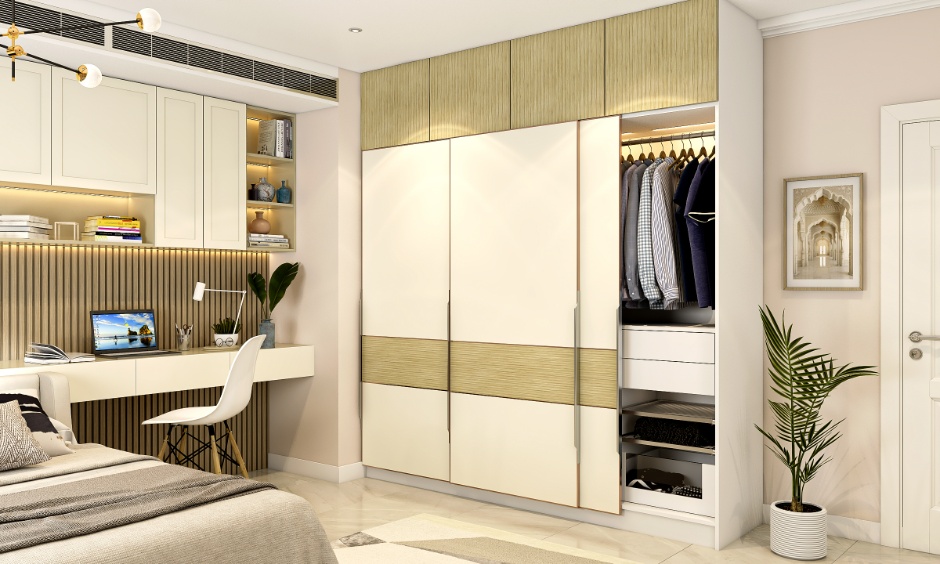 Modern sliding loft wardrobe design with built-in study unit and ceiling-height storage