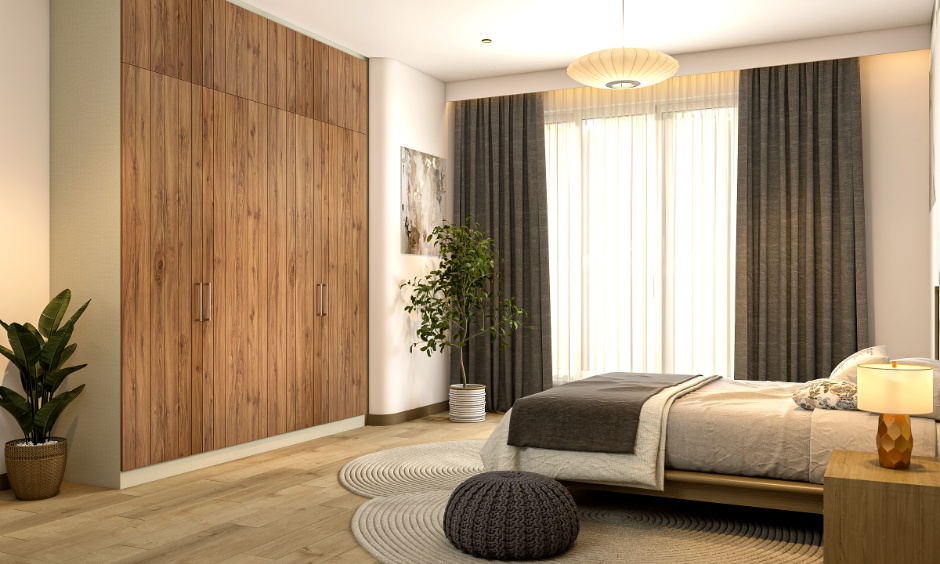 Wood-finish loft wardrobe design showcasing warm tones and timeless bedroom styling