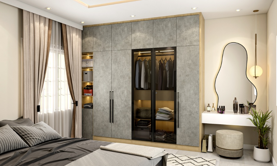 Modern loft wardrobe design with sleek handles, lighting and statement finishes