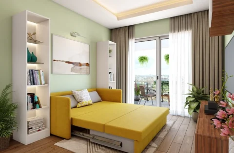 A finished 1BHK features a compact kitchen, built-in storage and a coordinated living space.