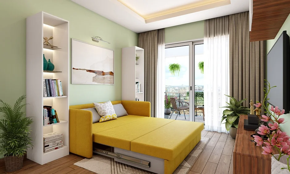A finished 1BHK features a compact kitchen, built-in storage and a coordinated living space.