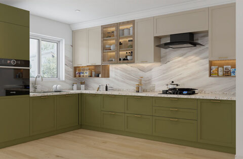 Modular kitchen cost in Ahmedabad with sage green and cream colour combination