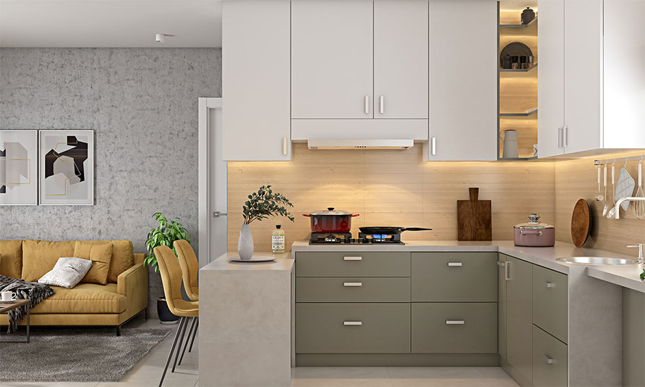 An L-shaped modular kitchen costs in Ahmedabad, suitable for budget-conscious homes