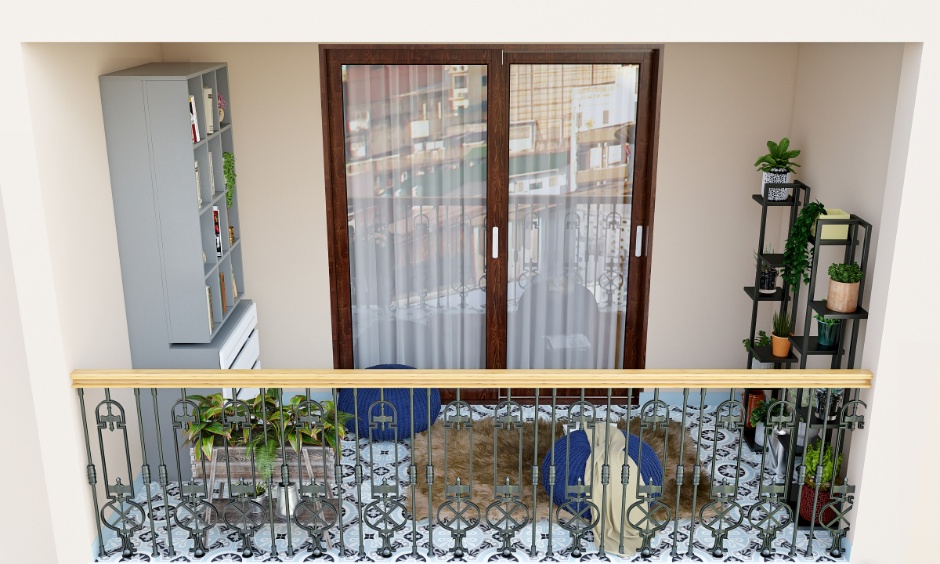 Modern apartment balcony with metal safety grill, patterned tiles, plants and low seating