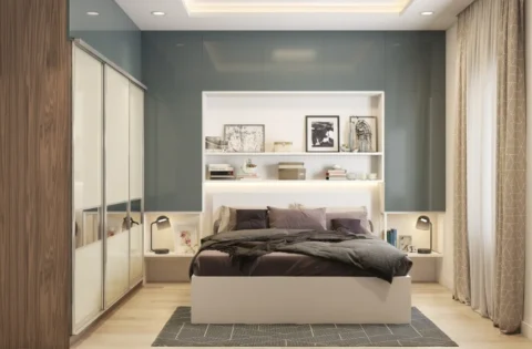 A peripheral ceiling keeps the centre of this small bedroom at full height.