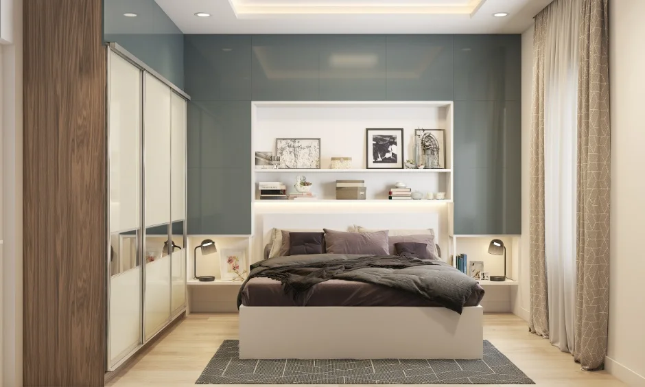 A peripheral ceiling keeps the centre of this small bedroom at full height.
