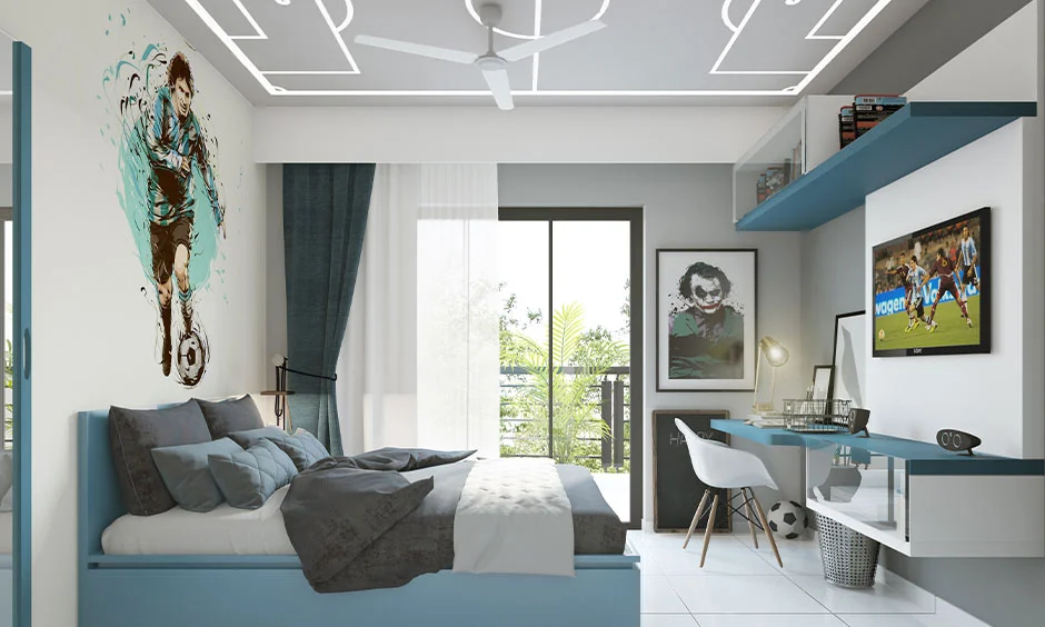 A shallow ceiling design keeps this bedroom comfortable without making it feel enclosed. 