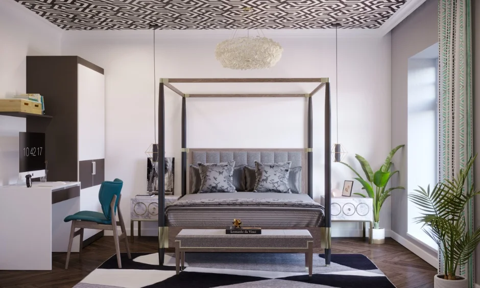A multi-level ceiling design takes up substantial overhead space in the bedroom.