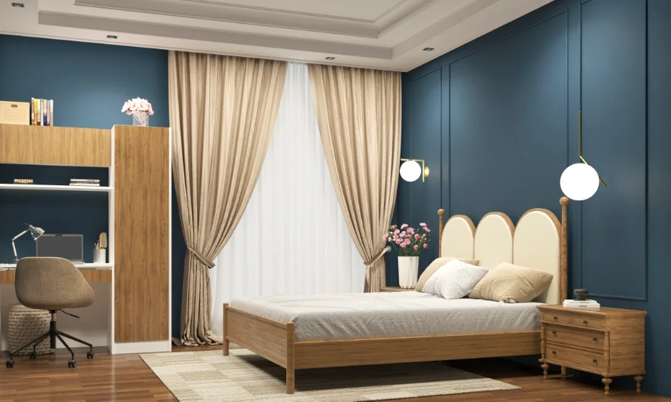 A flat ceiling with wall treatment creates a focal point when headroom is limited. 