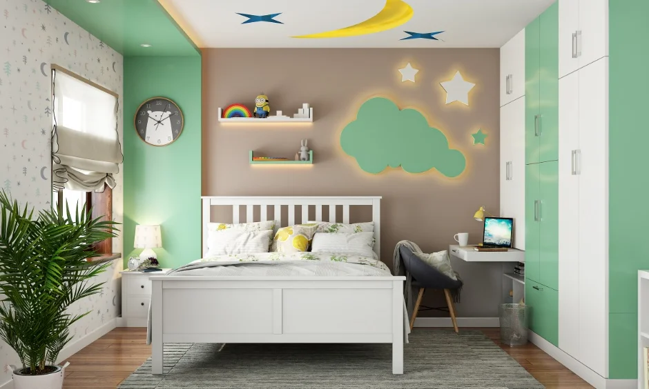 Measuring the slab height helps determine the right ceiling treatment for this bedroom.