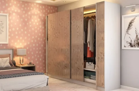 Wood-grain Sunmica design covers wardrobe shutters with a contrasting matte white finish.