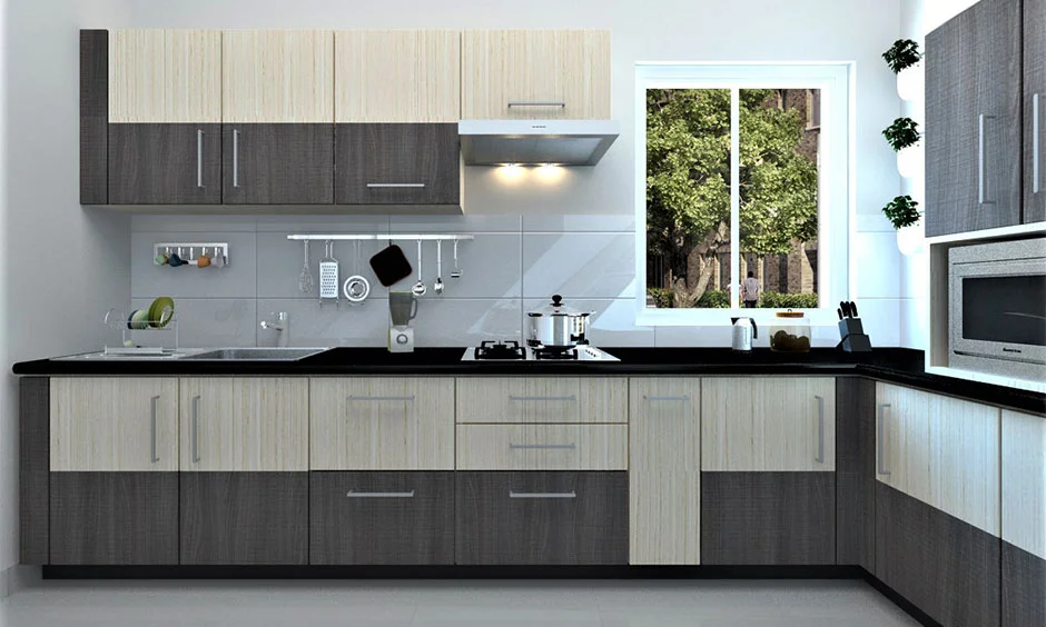 Modular kitchen with two-tone sunmica finish cabinets in beige and grey wood texture