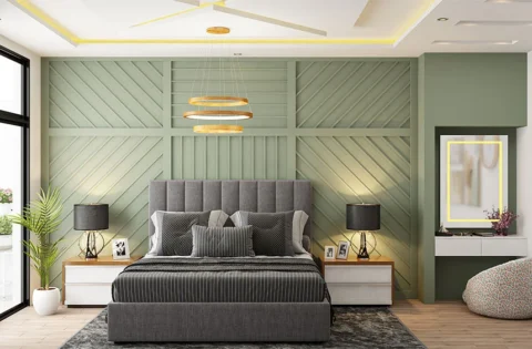 Layered POP bedroom ceiling with cove lighting and statement wall panelling