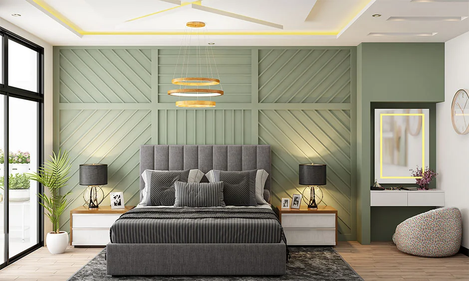 Layered POP bedroom ceiling with cove lighting and statement wall panelling
