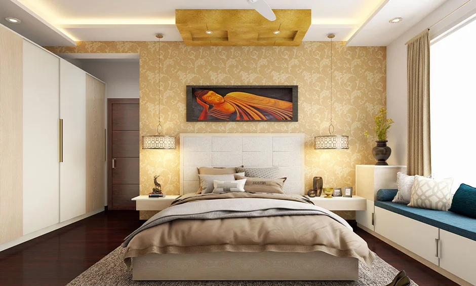 A bedroom ceiling uses raised and recessed POP sections for a plus-minus design.