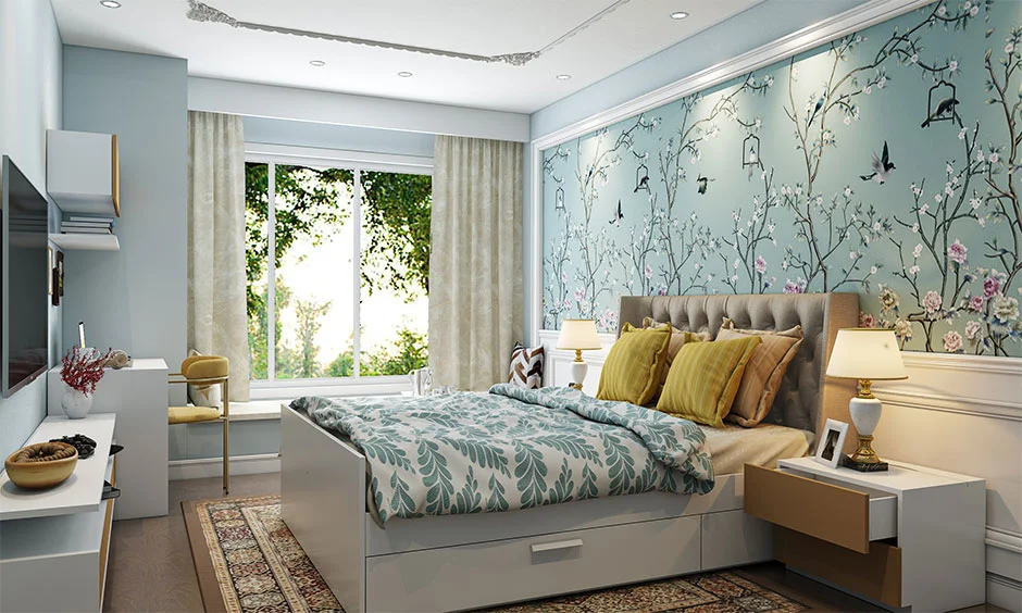 A small bedroom uses a shallow POP ceiling to retain more usable ceiling height.