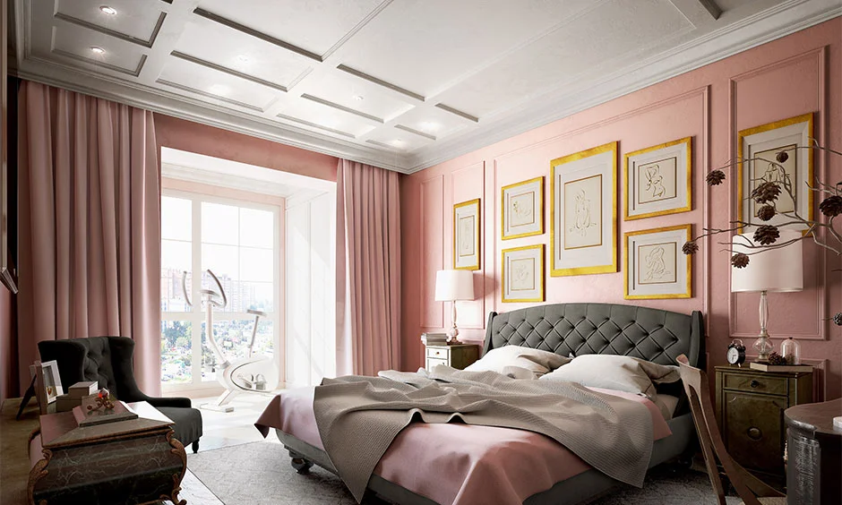 A bedroom POP ceiling combines recessed lighting with a layered geometric design.