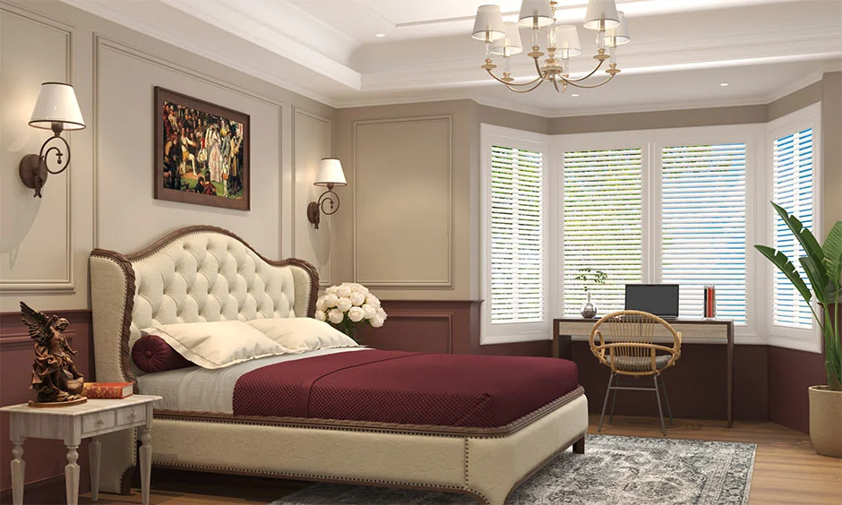 A bedroom features decorative POP ceiling detailing with recessed panels and perimeter lighting.