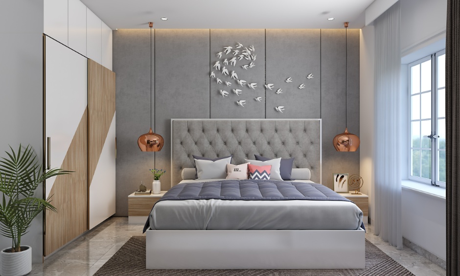 Elegant 2BHK bedroom cost in Hyderabad featuring a tufted headboard bed, sliding wardrobe with wood and white shutters and a large window with sheer curtains