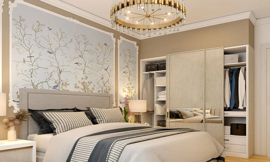 A wooden headboard creates a warm, structured backdrop behind the bed. 