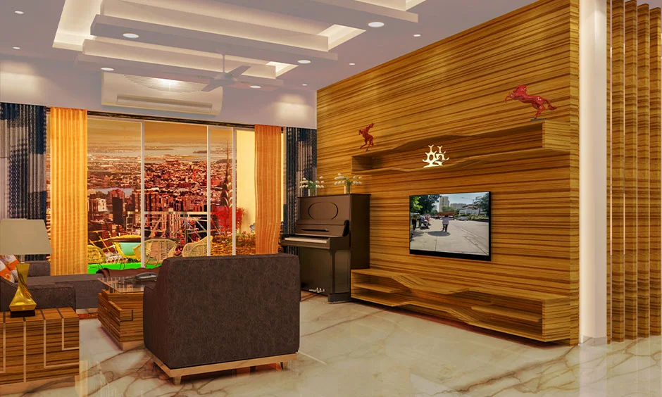 A gypsum ceiling uses a clean layered design with recessed lighting across the room.