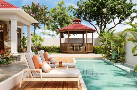 Modern gazebo designs with warm wooden structure creating a cosy outdoor living retreat