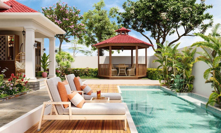 Modern gazebo designs with warm wooden structure creating a cosy outdoor living retreat