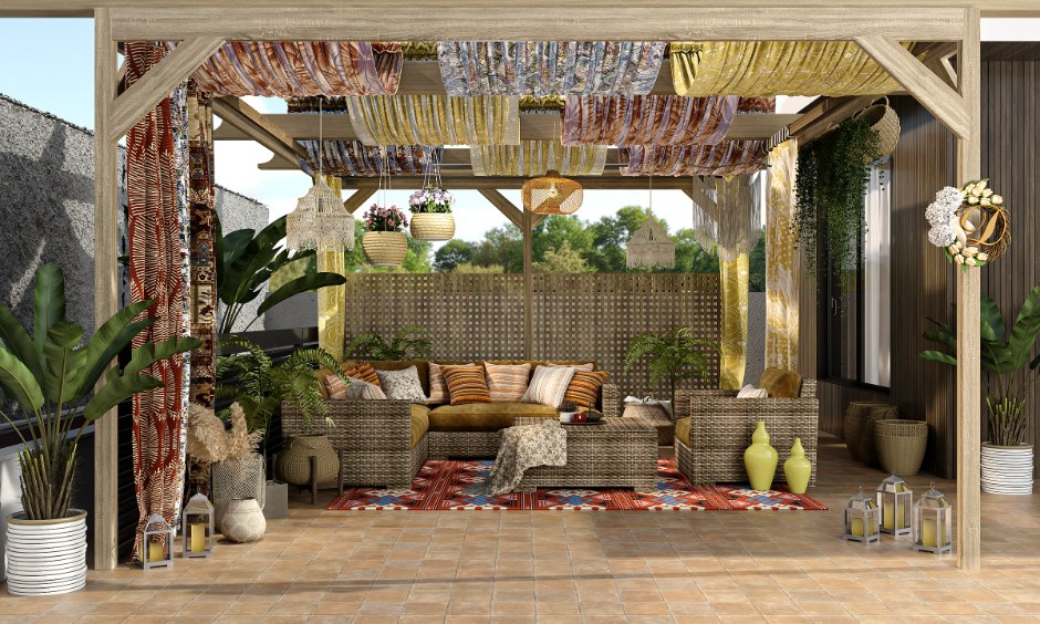 Classic wooden gazebo design with fabric ceiling and wicker seating for cosy garden living