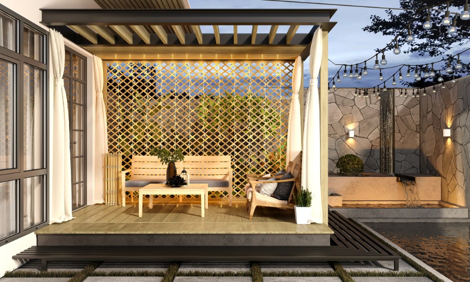 Stylish terrace gazebo design with seating, privacy and rooftop outdoor comfort