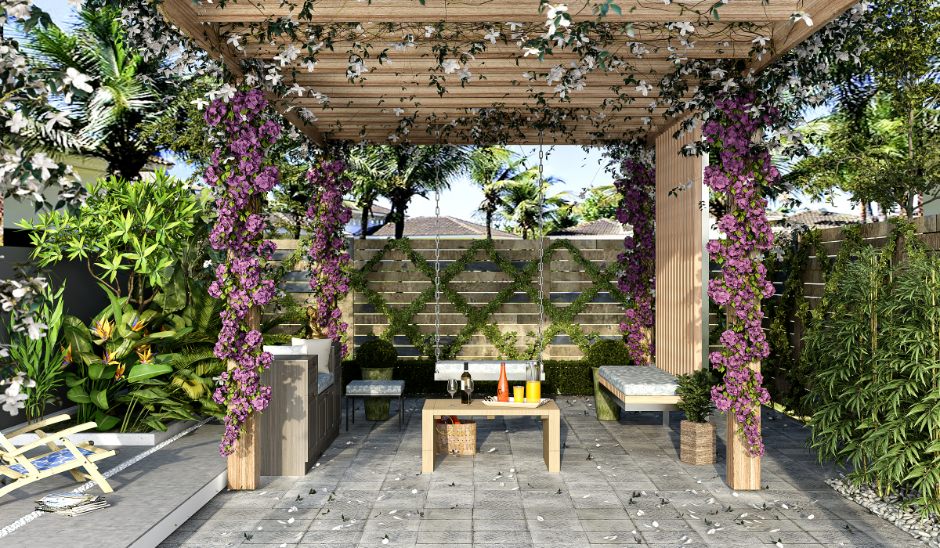 Simple gazebo design with pergola roof and bench seating for compact outdoor spaces