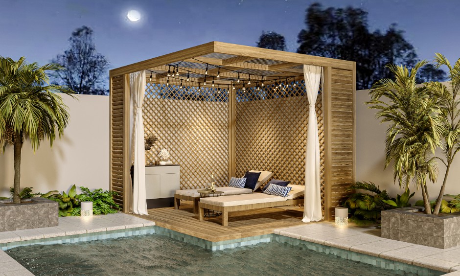 Gazebo design ideas with cushioned seating and dining area for outdoor entertainment