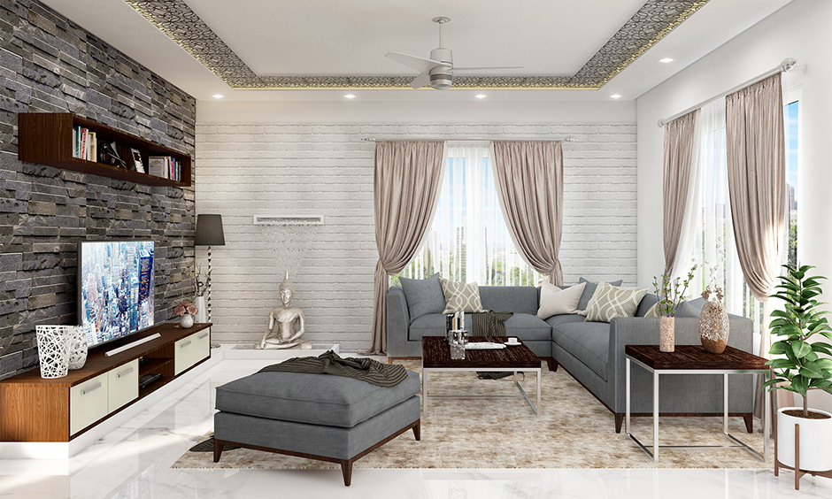 False ceiling design using pop and soft ambient lighting for the living room