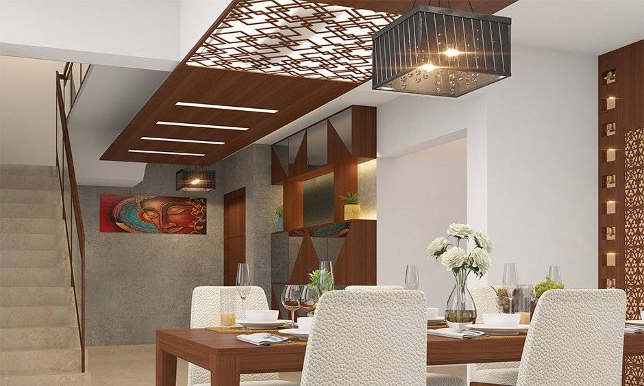 False ceiling design with appropriate lighting which is perfect for dining space