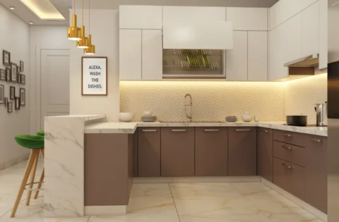 Standard kitchen dimensions in a U-shaped kitchen with mustard and white cabinets and a patterned backsplash.
