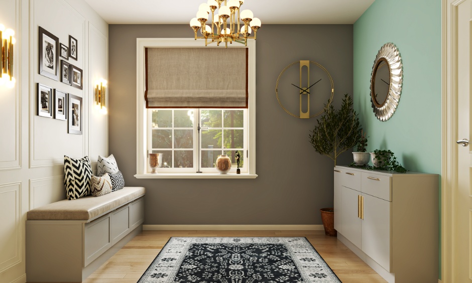 Vastu-based interior layout with correct mirror placement, furniture and brass decor.