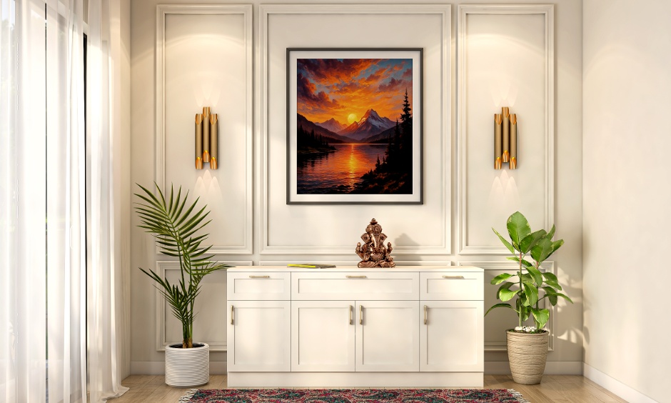 Vastu-friendly furniture and accessories, including wooden tables, brass lamps, and balanced layouts.